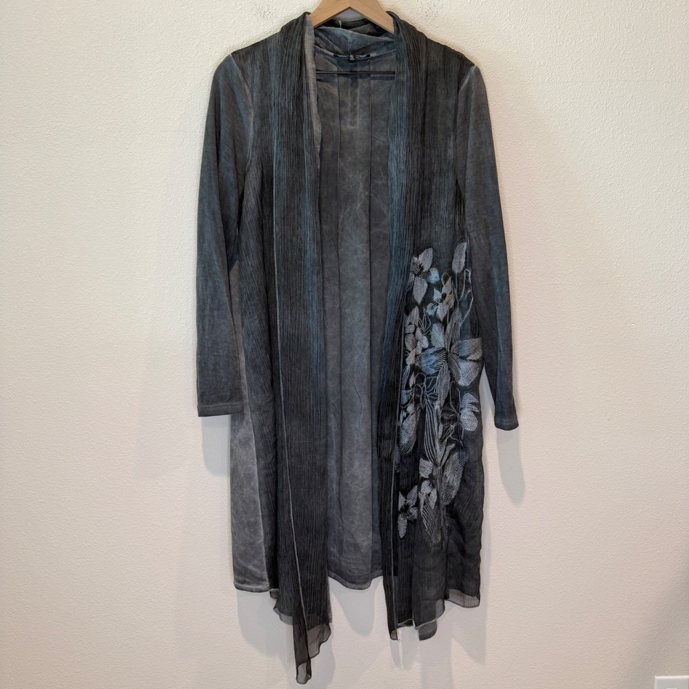 RACHEL COLE Womens Cardigan M Gray Embroidered Duster Dark Whimsigoth Fairy Vamp